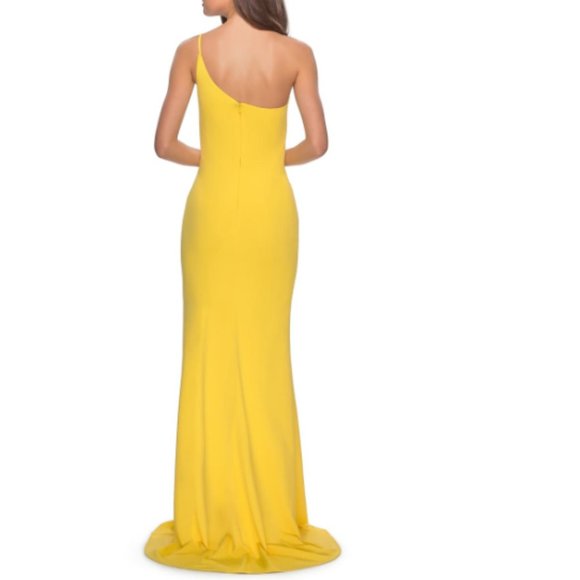 LA Femme Yellow One Shoulder Jersey Slit Gown NWOT - Picture 2 of 7